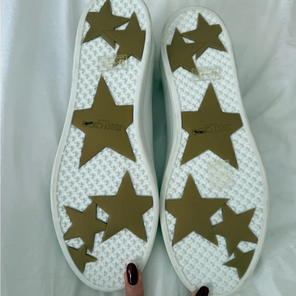 NEW Jimmy Choo White and Star Studded Gold Leather Sneakers 41.5 / 10 US